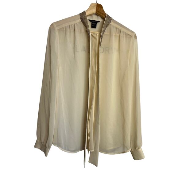 MODA INTERNATIONAL GORGEOUS SEQUINS TIE NECK WORK PARTY IVORY CHIFFON TOP SMALL - Picture 1 of 8